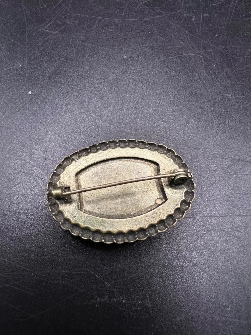 Antique Goofus Glass Brass Intaglio Butterfly Brooch Mother-Of-Pearl Oval Design